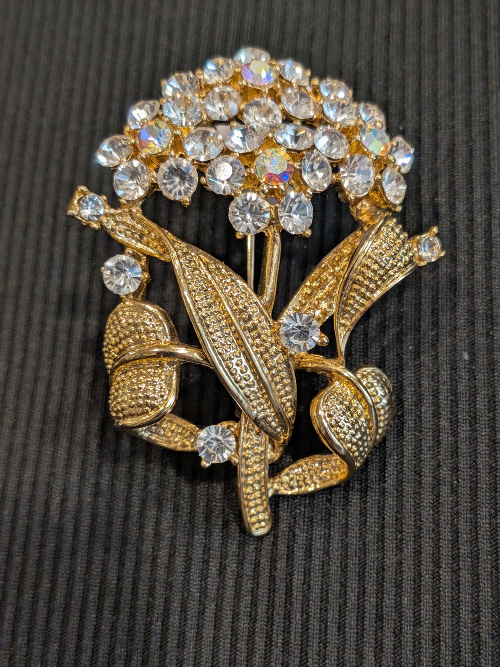 B5:Vintage 1950-1960s Gold-Tone AB Crystal Floral Brooch - Sparkling Bouquet Pin